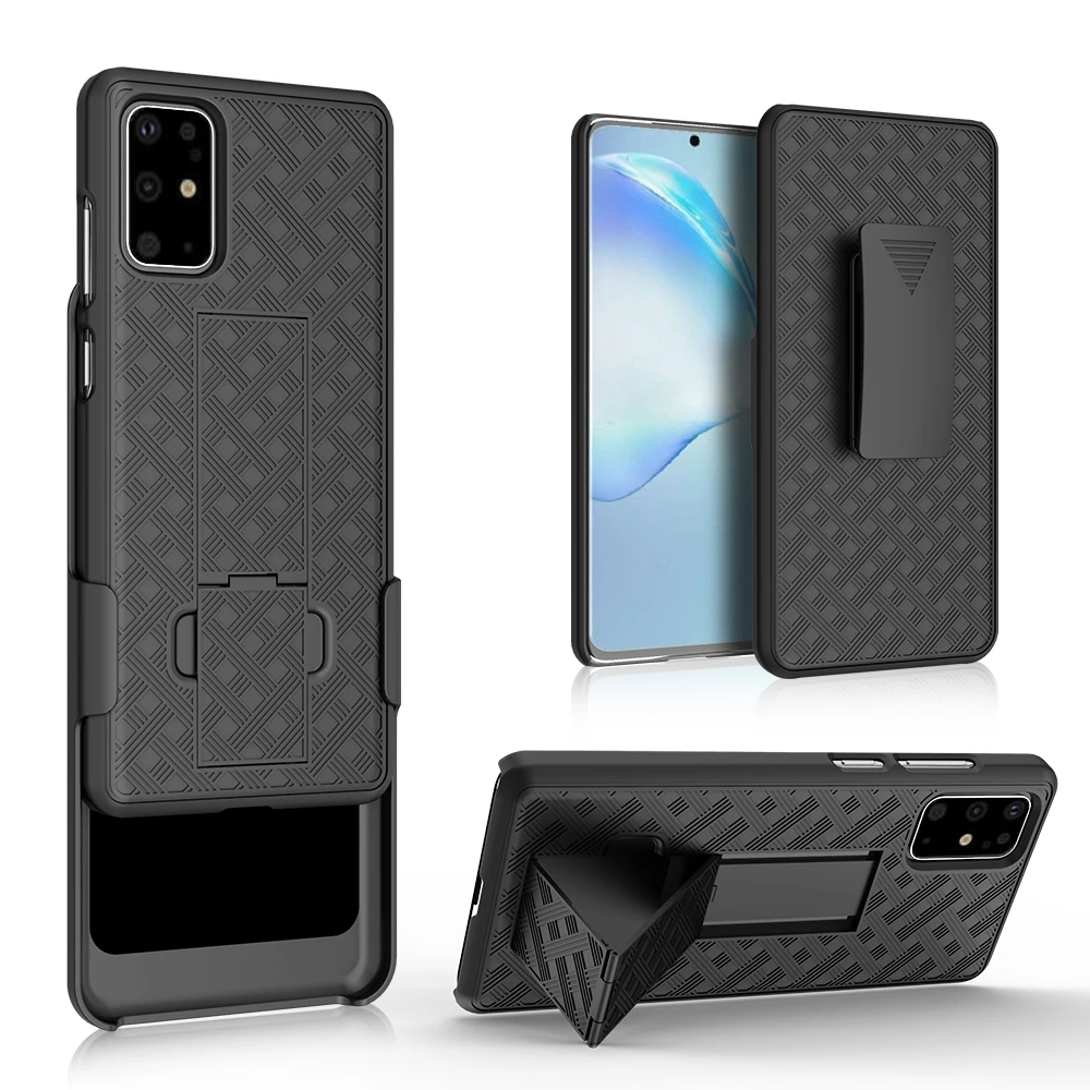 

2021 new dual layer hard plastic weave holster combo case for samsung A52 5G with kickstand, Black