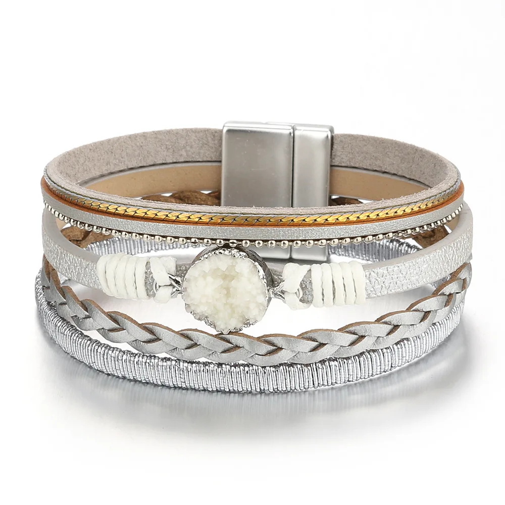 

Popular natural crystal alloy magnetic clasp Bracelet women's multi-layer woven leather bracelet can be customized