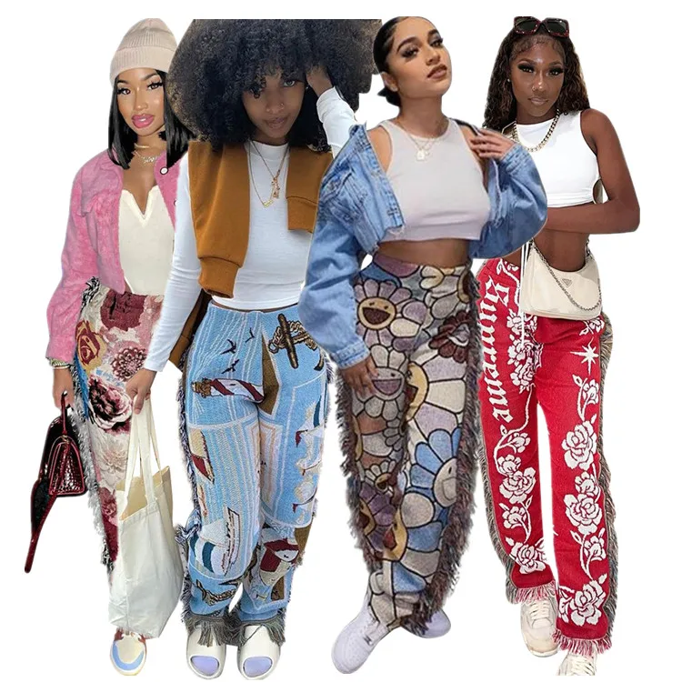 

ML-9055 New Style Casual Fashion Color Pattern Fringed Velvet Pants Women'S Ethnic Clothing, 8 colors