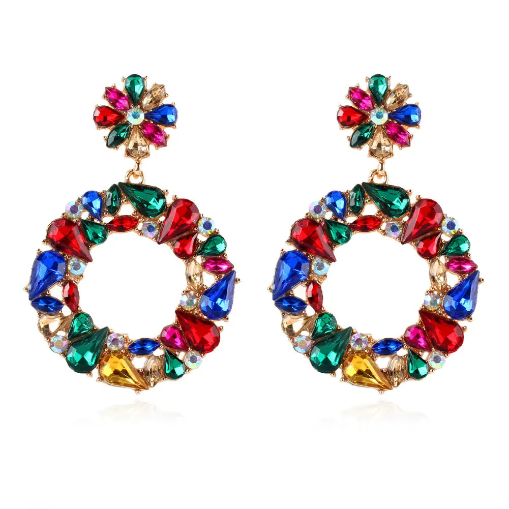 

2021 New Fashion Jewelry Accessories Women Metal Rhinestone Geometric Round Statement Flower Pendant Drop Earrings