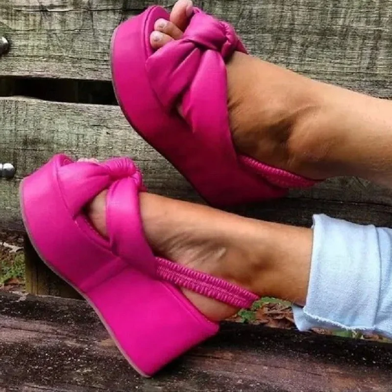

High Thick Sole Women Shoes Open Toe Strappy Sandals Back Strap Platform Bow-knot Slip-on Heels Plus Size 43, Black pink