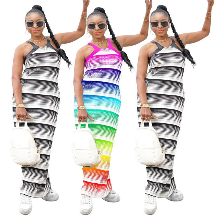 

Designer clothing womens dresses 2021 trending stripe halter bodycon dress sexy long sleeve womens wrap dress D11379