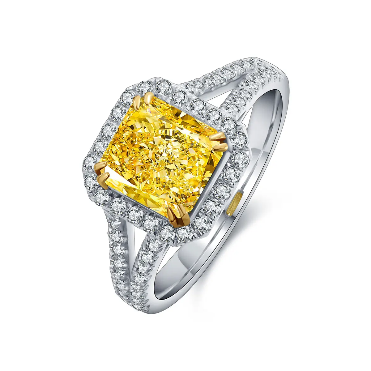 

18K gold jewelry yellow cubic zirconia diamond radiant shape engagement halo diamond ring, Yellow, pink, blue, white, green, orange