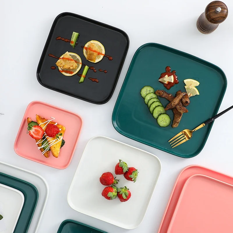 

Nordic Ceramic Charger Plate Porcelain Square Dinner Baking Dishes and Plates Cutlery Breakfast Set Platos, Blue,black,dark green,pink,white,yellow