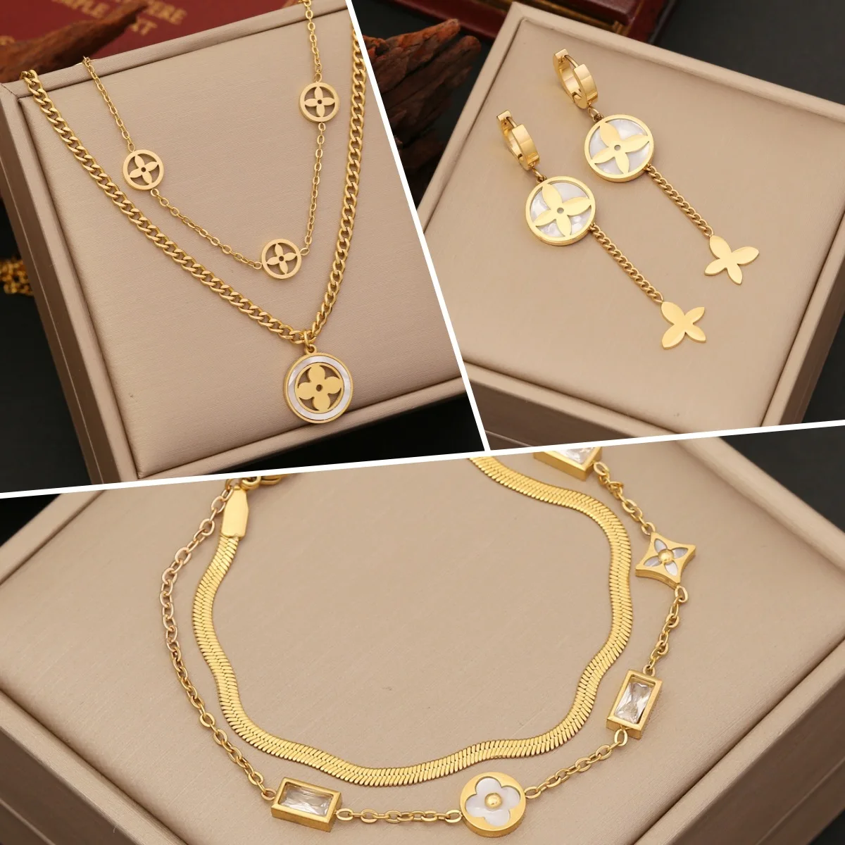 

18k Gold Plated Round Flower Multilayer Necklace Earrings Bracelet Jewelry Sets for Women Stainless Steel Jewelry Set For Ladies