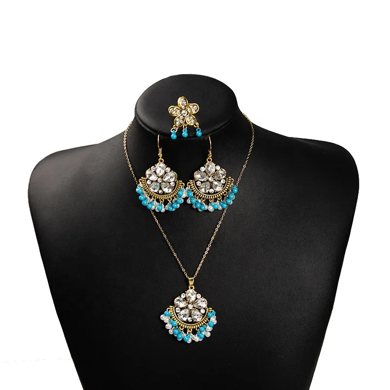 

Crystal gemstone jewelry set retro bohemian ring earrings necklace fashion jewelry set