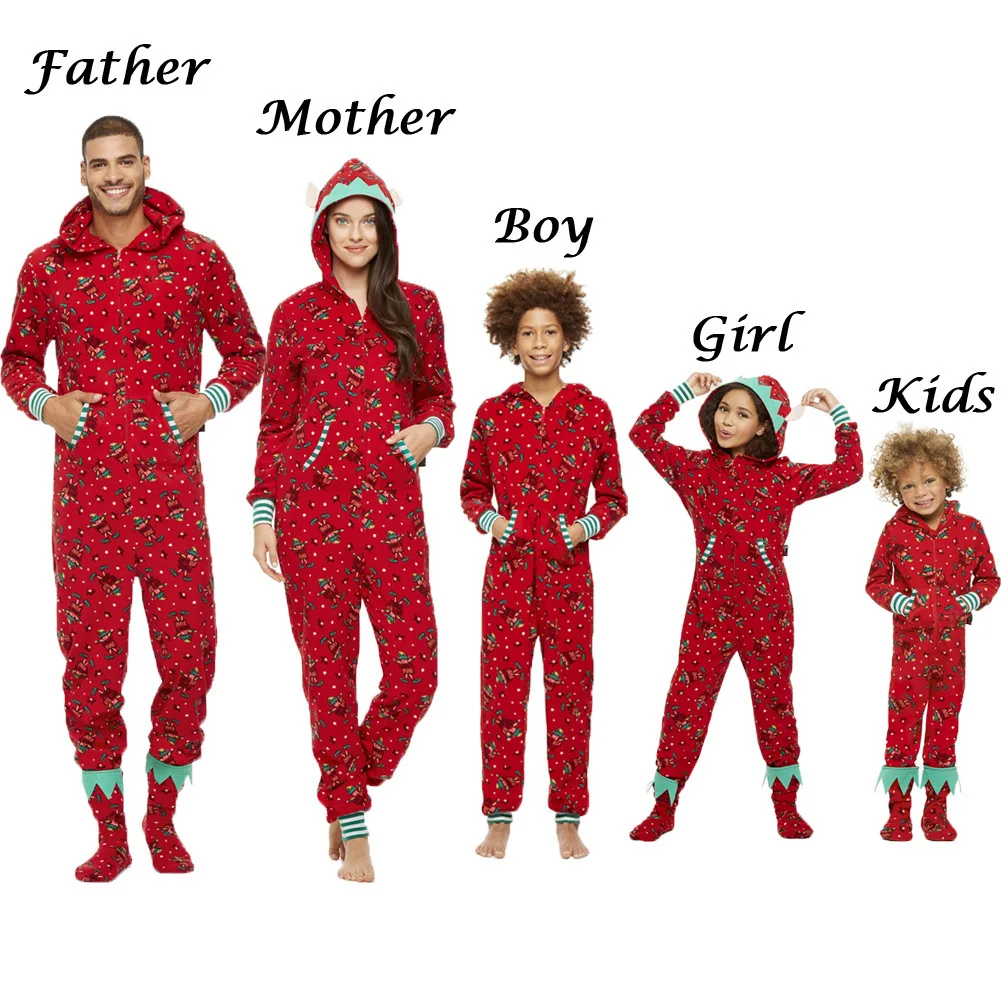 

2021European and American hot style Christmas parent-child wear Fashionable hooded Christmas print jumpsuit Christmas homewear, Customized color