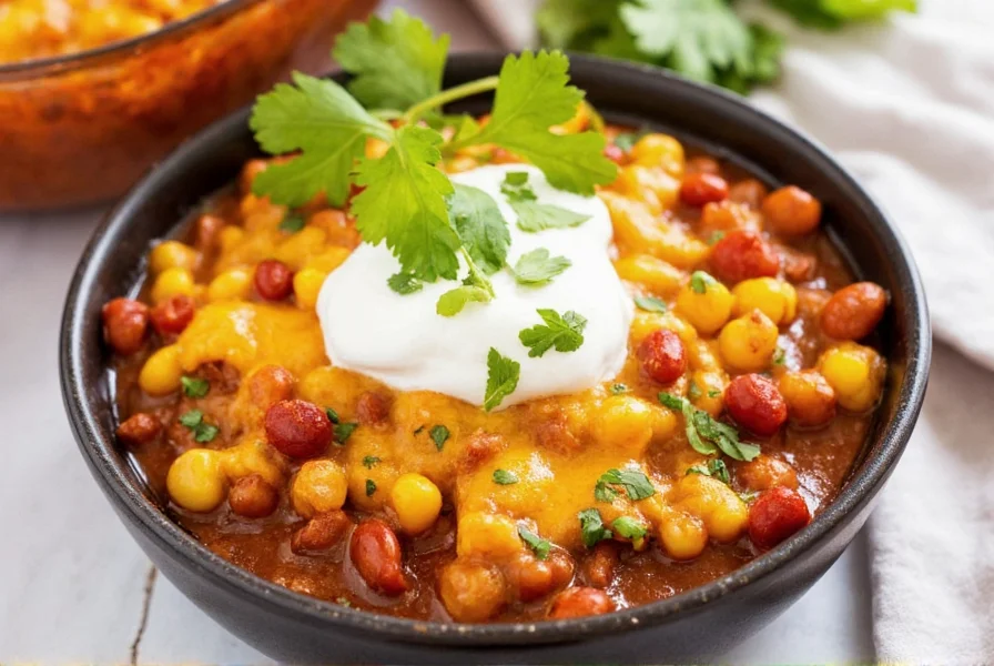 Chili and cornbread casserole served with sour cream and fresh cilantro garnish