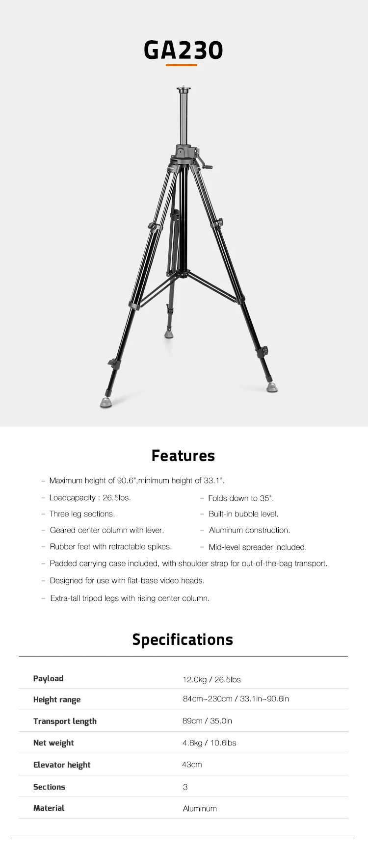 Eimage Ga230 Aluminum Tripod Legs With Rising Center Column With Stone