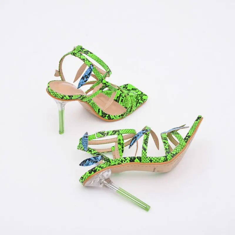 

2021 Summer Women's Shoes Green Leaves Square Toe Thin High Heels Buckle Lady Sandals Woman Brand Design Shoes Big Size42 101- 3