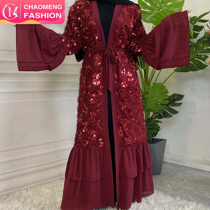 

1737# 4 Colors Embroidery Sequins Abaya For Muslim Women New Modest Elegant Islamic Clothing Ladies Open Dubai Kimono, Navy/wine/gold/black