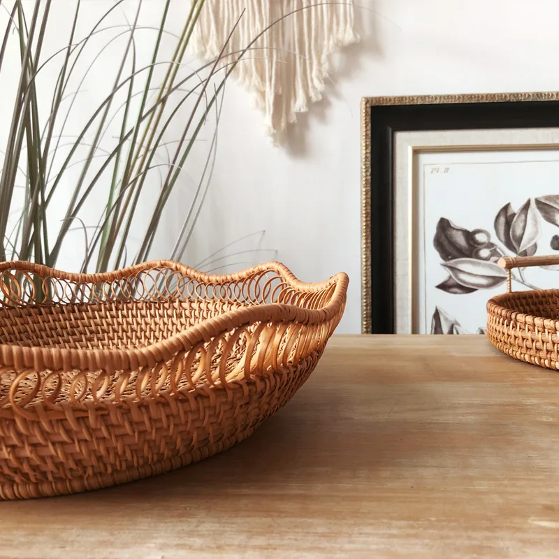 

Rattan Basket Serving Tray For Fruit and Vegetable Woven Handcraft bandejas para desayuno Organizer