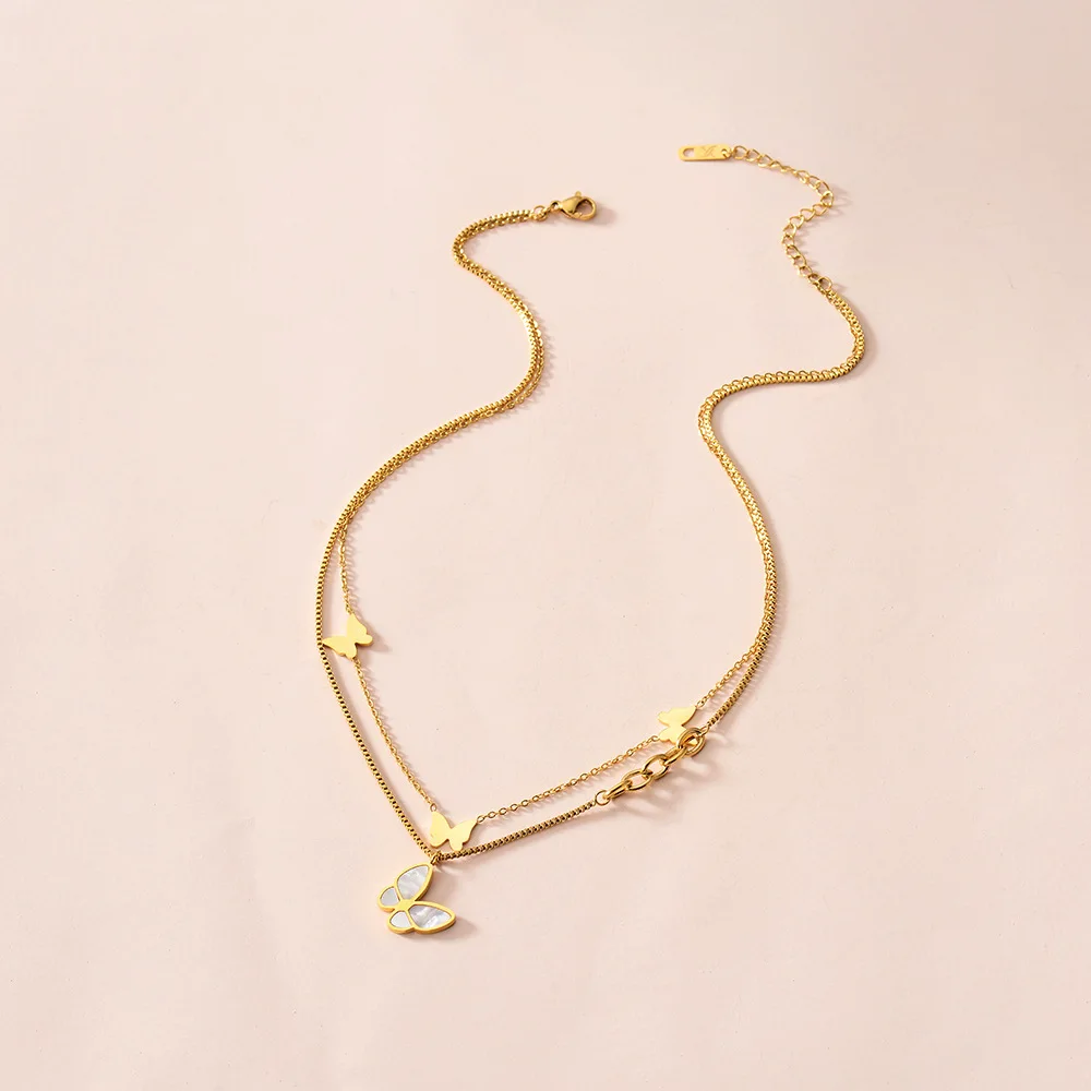 

European and American popular white friar stainless steel butterfly pendant double short ladies clavicle chain