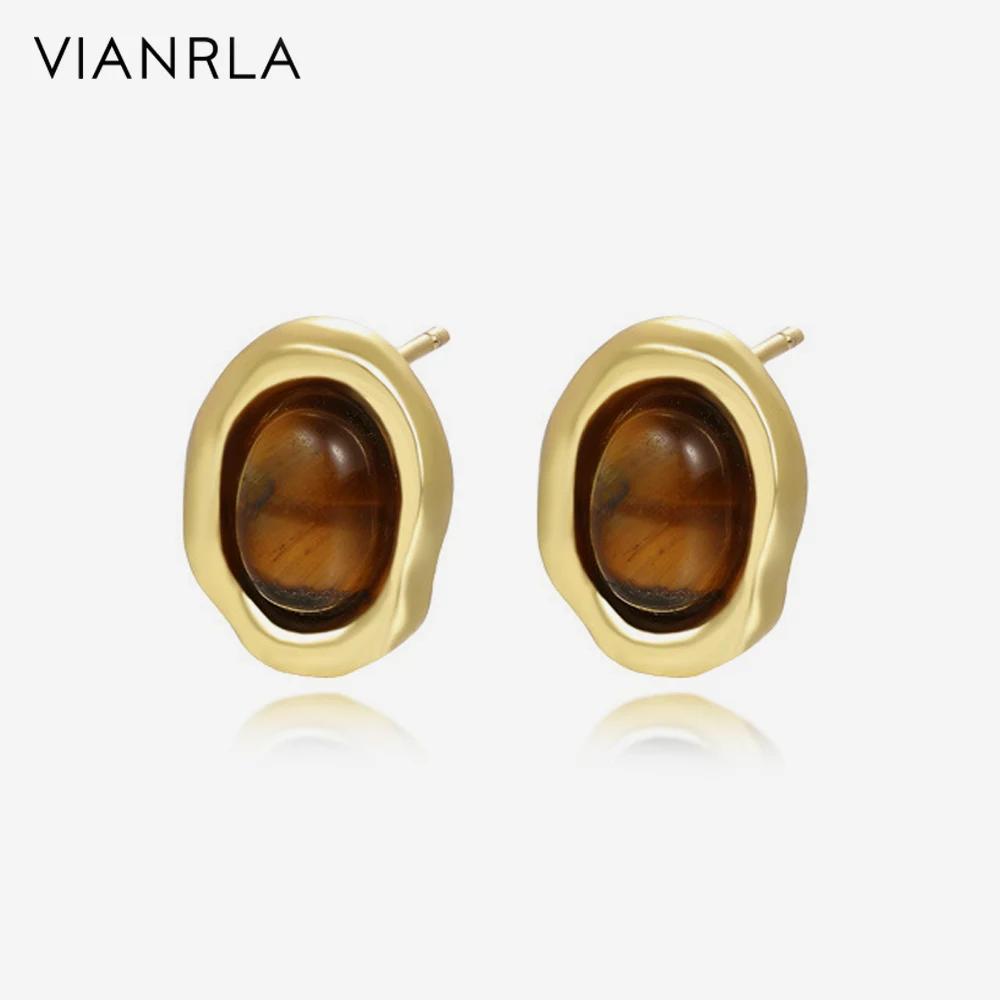 VIANRLA 18K Gold  Earring 925 Sterling Silver Jewelry Irregular Oval Tiger's Eye Earrings Fashion Women's Jewelry