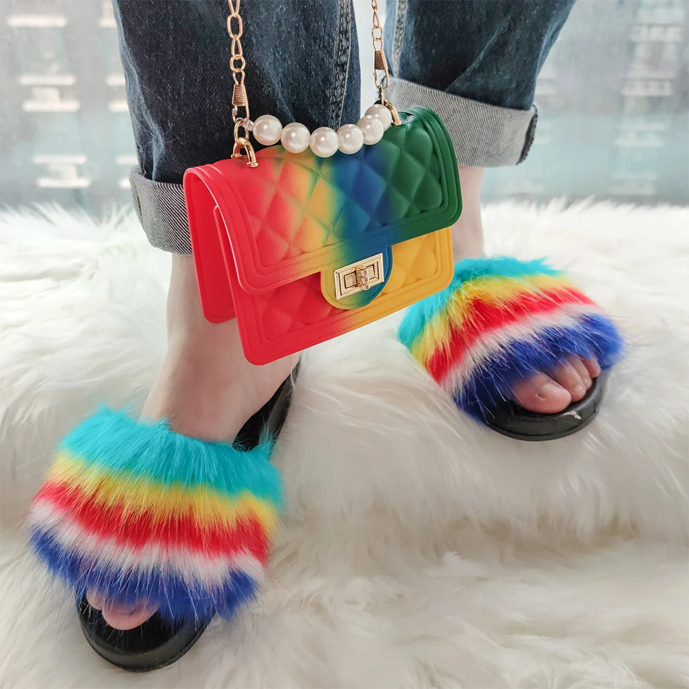 

Luxury Mini Purses and Handbags and Furry Sandals Sets Ladies Fashion Rainbow Fur Slides and Jelly Bag Set Wholesale, Yellow, red, green, black, pink