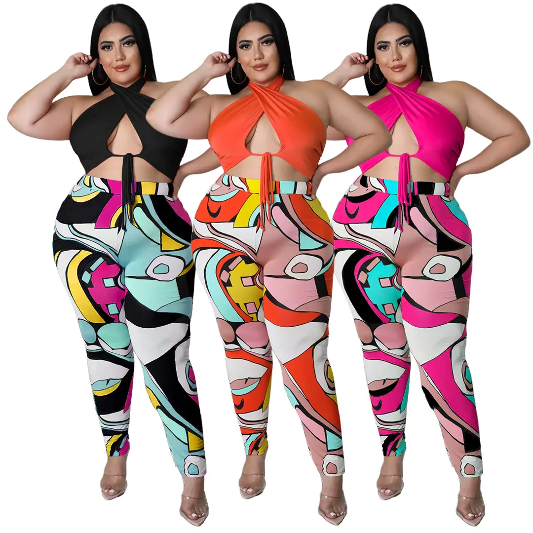 

Hot Sale Plus Size Women Clothing  Printed Lapel Strap Crop Top Jogger Pants Two Piece Set Plus Size Sexy Clothing, Yellow,blue