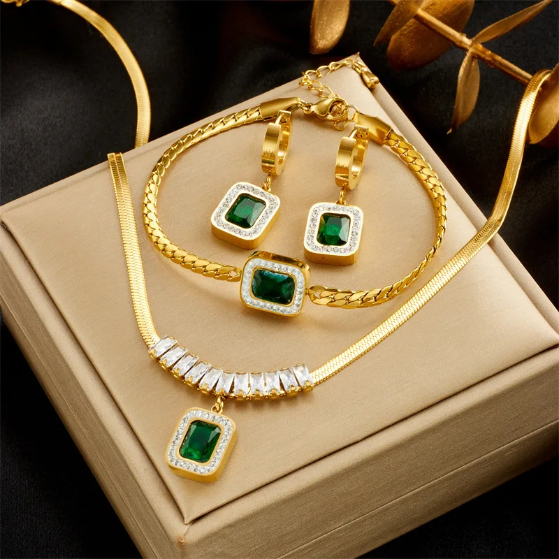 

Luxury Emerald Square Zircon Pendant Necklace Earrings Bracelet Set Stainless Steel Flat Chain Jewelry