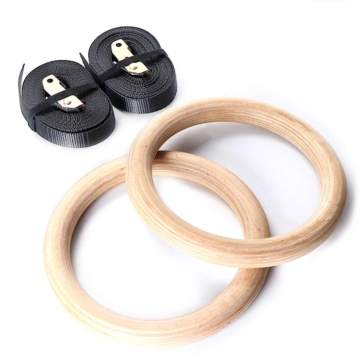 

Hot selling fitness accessories wooden gymnastics ring with nylon nylon sports belt