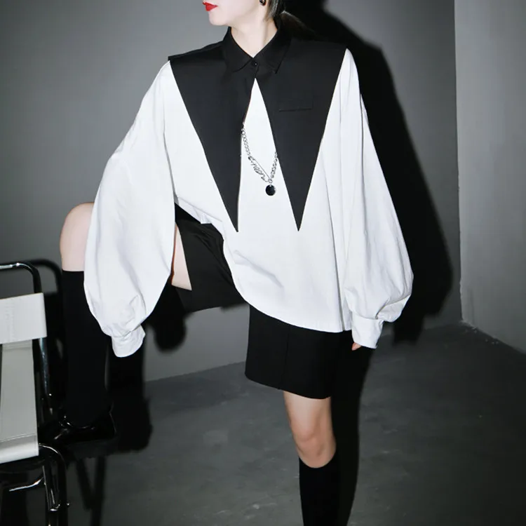 

Spring 2021 new suit big pointed collar lantern sleeve loose T-shirt two-piece female 1310, Black and white