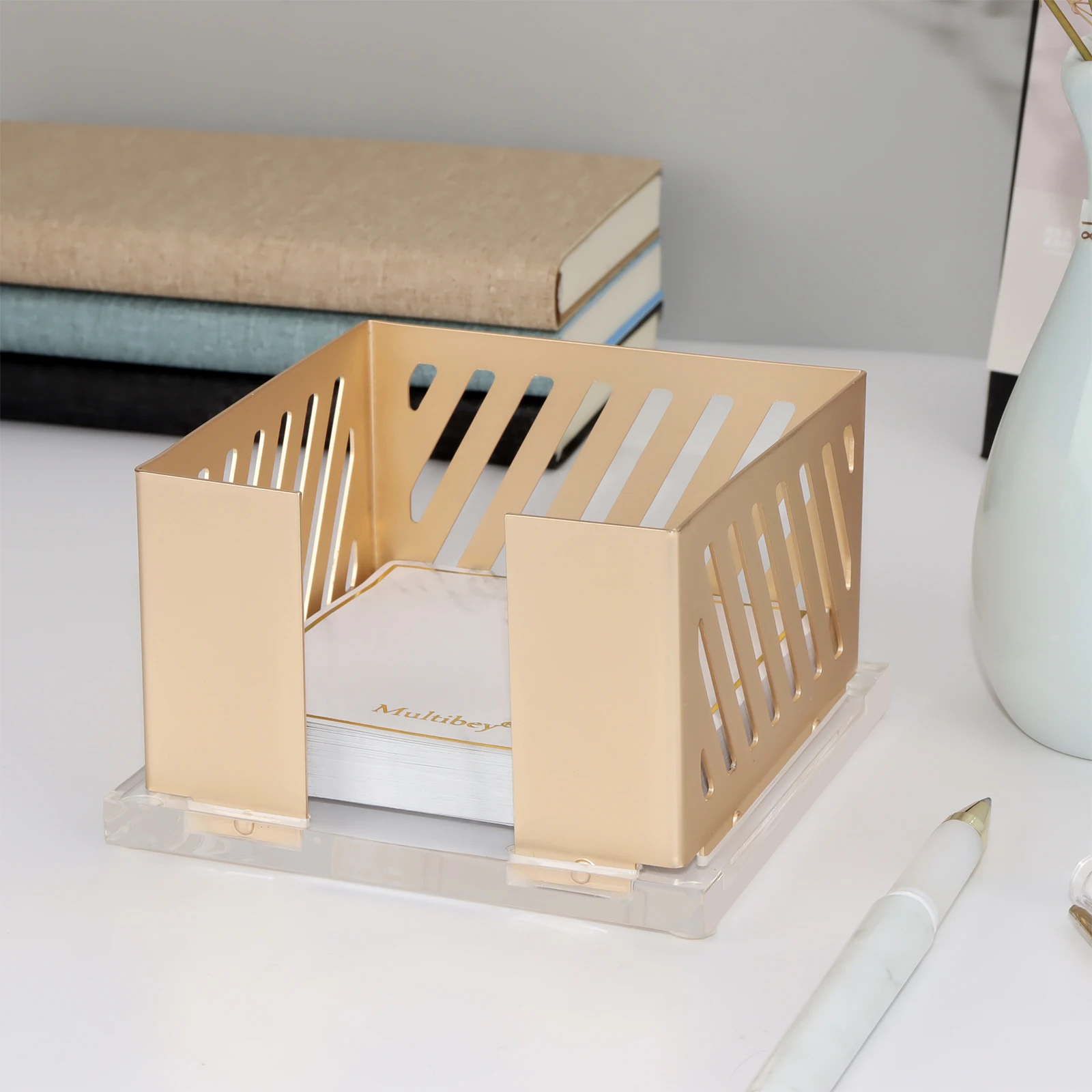 Desktop Metal Office Note Memo Card Holder Acrylic Gold Sticky Note