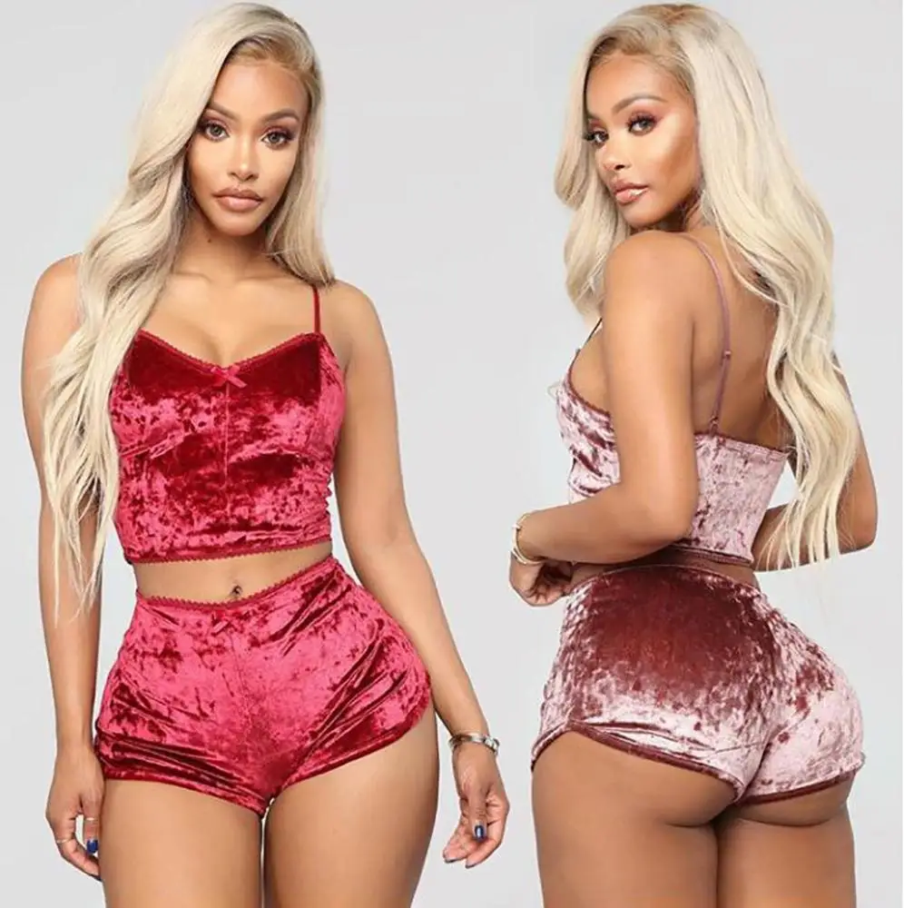 

Fashion Women 2pcs Velvet Sleepwear Sexy Spaghetti Strap Velvet Shorts Pajama Set Ladies Sleepwear female Pajama Party Set