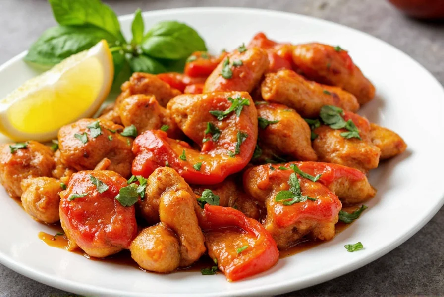 Plated roasted red pepper chicken with lemon wedges and fresh herbs on white ceramic dish