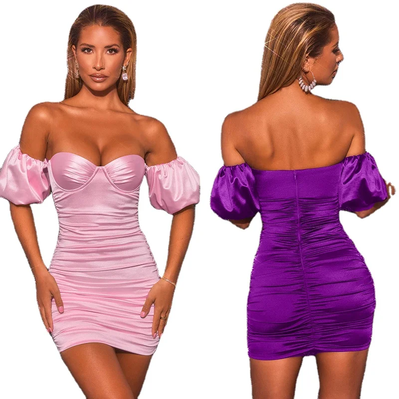 

Sexy puff sleeve Tight fitting Satin Off Shoulder Pleated Dress Short Sleeve Wrapped Chest Hip Slim Ruched Tube top Mini Dress
