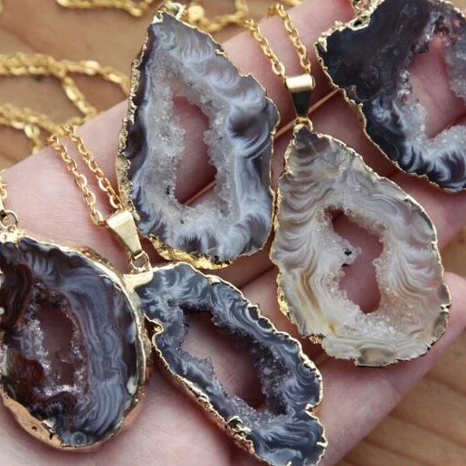 

LS-A926 amazing natural quartz stone pendant necklace gold coated agate sliced druzy raw stone chain necklace fashion jewelry