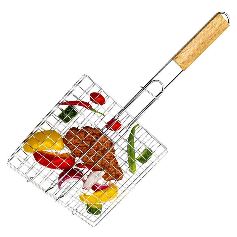 

Barbecue Net Wire Mesh BBQ Grill Basket for Grilling Fish Vegetables arbecue Net Wooden Handle BBQ Tool, Silver