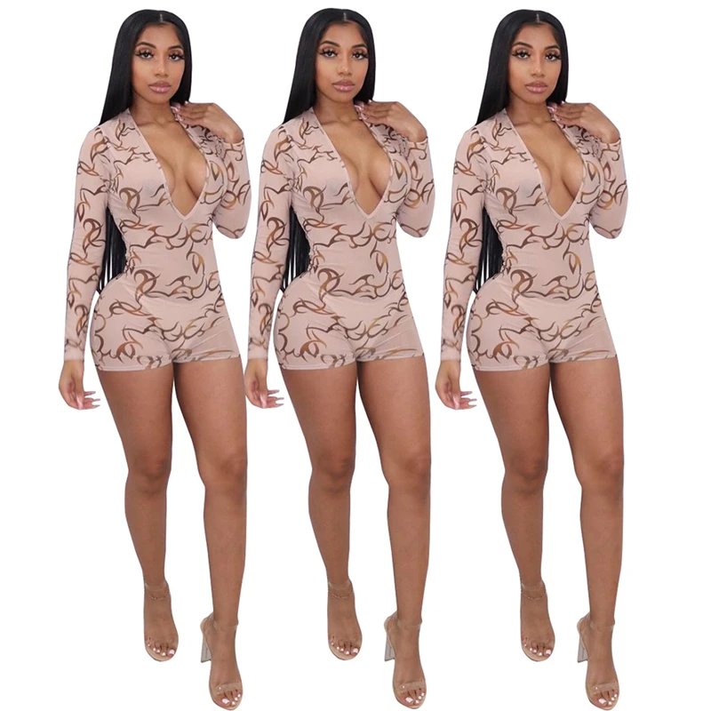 

women skin color autumn new arrivals long sleeves deep V neck sexy mesh bodycon short romper 2021 elegant nightclub jumpsuit