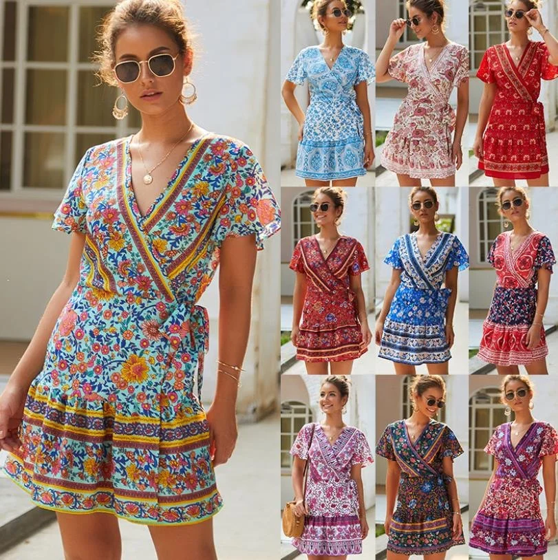 

Amazon Women's Summer Wrap V Neck Sexy Bohemian Floral Print Ruffles Swing A Line Beach Mini Dress, Pictures shown