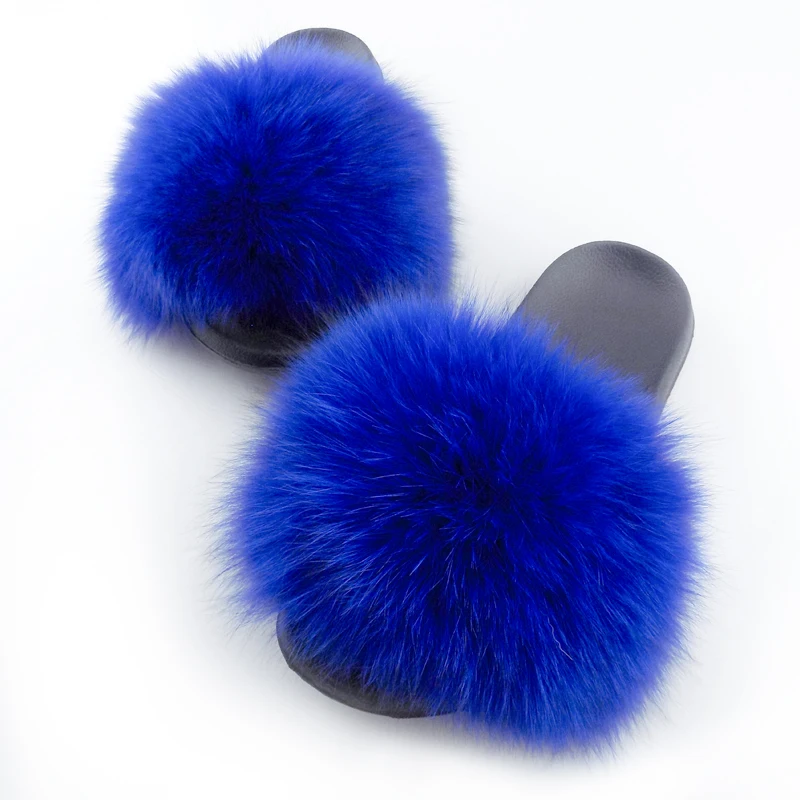 

Wholesale fox fur sandals fur slides for women, Red,blue ,green ,orange ,brown