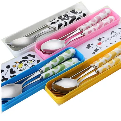 

Creative cartoon ceramic handle stainless steel spoon fork chopsticks cow portable children's tableware three piece set