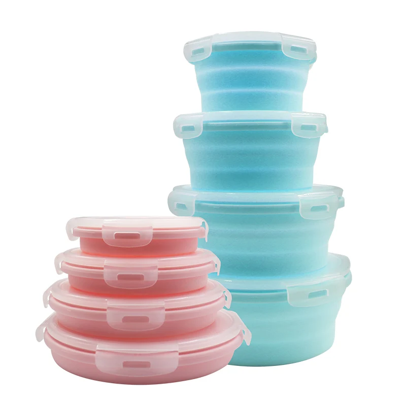 

4pcs/set Food Grade Silicone Round Large Lunch Box Food Container Bowl Microwave and Freezer Silicone Folding Lunch Box, Pink,sky blue