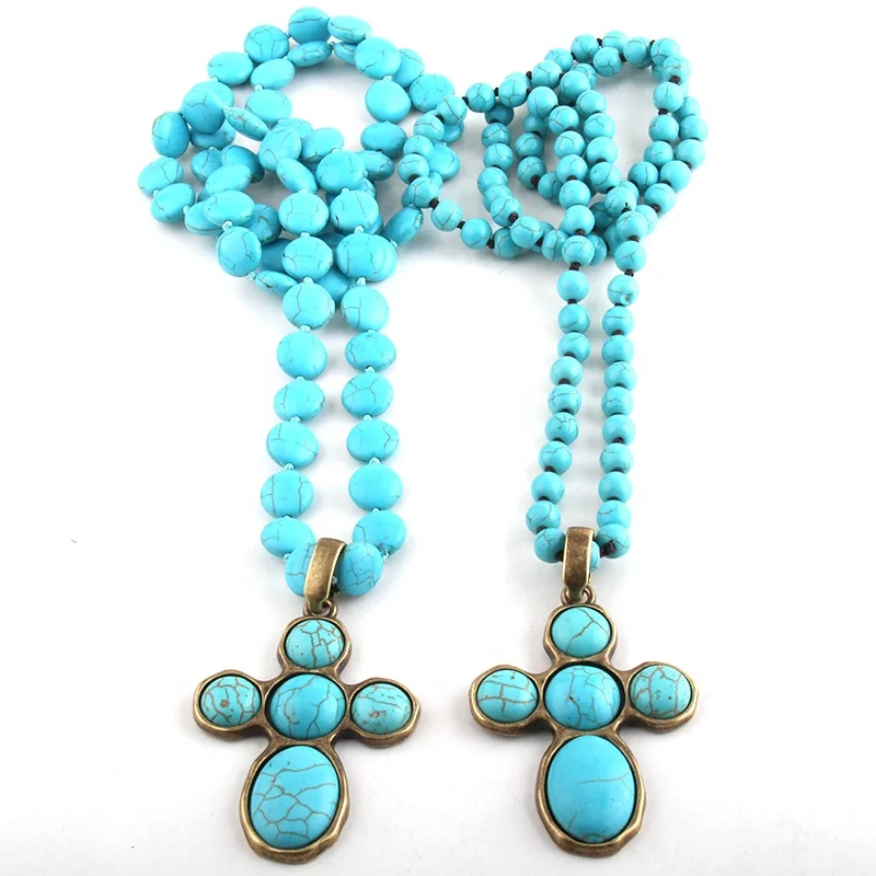 

Fashion Women Bohemian Jewelry Flat blue Long knotted Turquoise Stone Necklace Cross Pendant Necklace