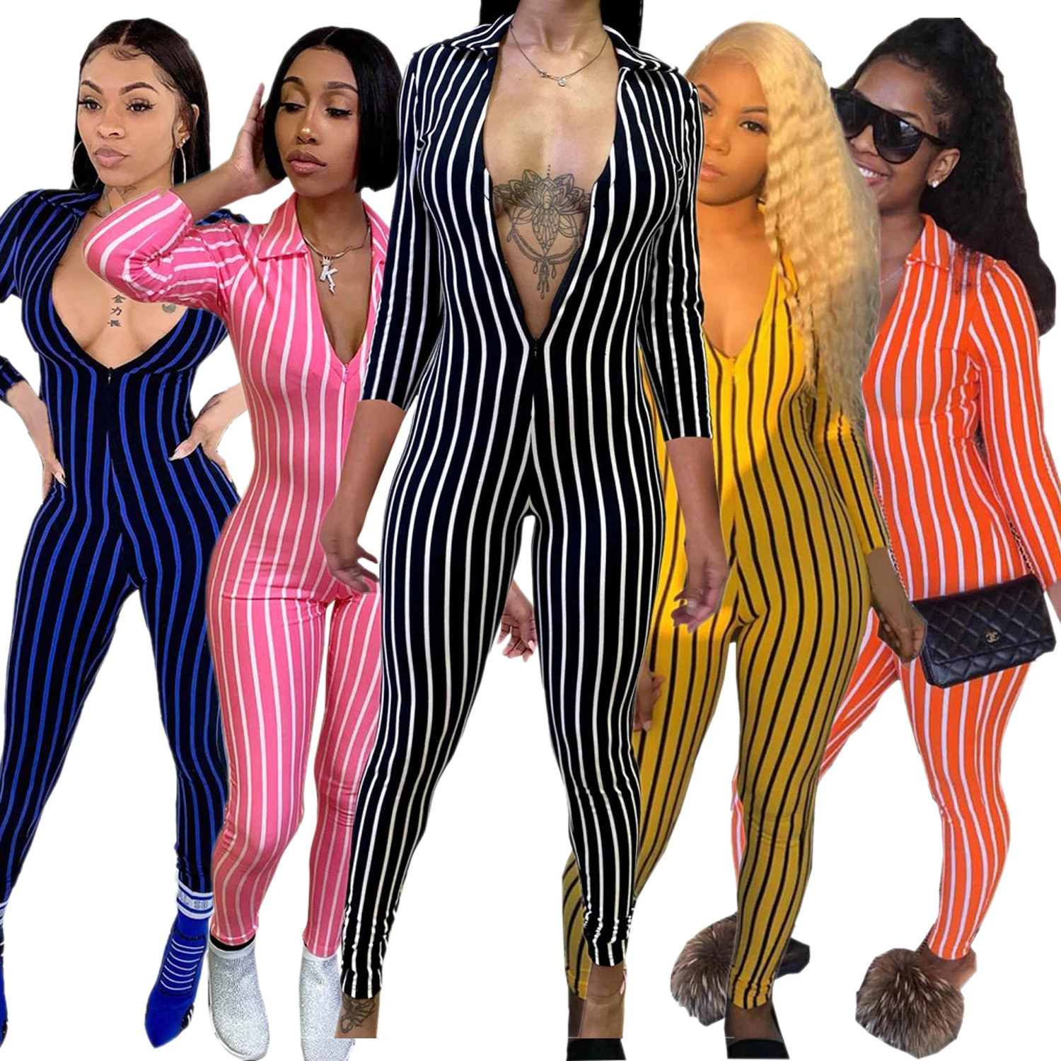 

Cross-border boutique Amazon popular yoga Sports Women's striped printed nine-quarter sleeve elegant sexy jumpsuit