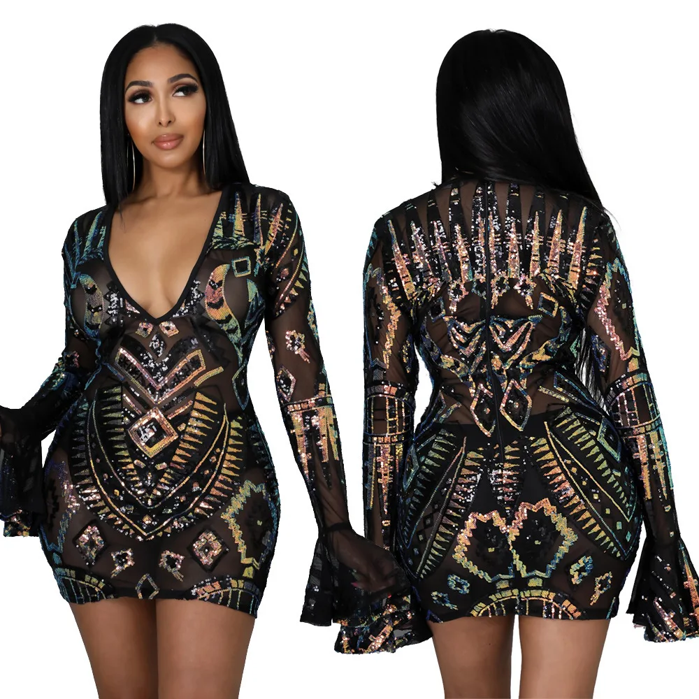 

Wholesale Women Sexy Sequin Dress see through dress night sexy clubwear transparent dress