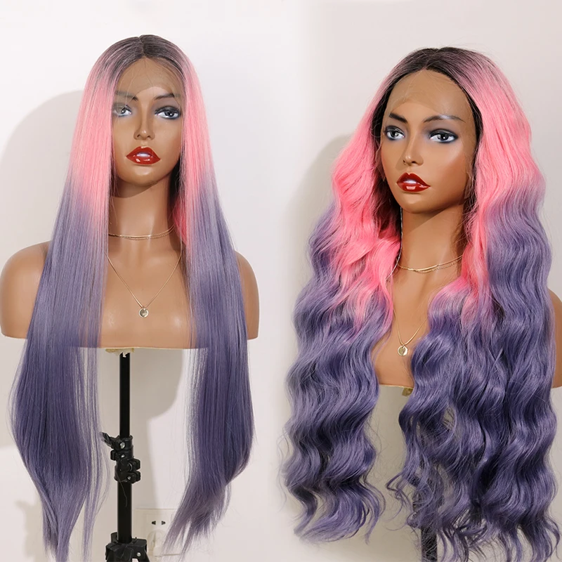 

Synthetic Front Lace Wig Straight Hair 3 Tone Colorful Lace Wig Wave Hair 1B Pink Ombre Purple Cosplay Halloween