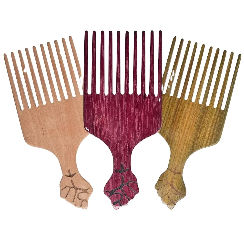 

New Design Fist Natural Sandalwood Wide Tooth Detangling Curly Hair Custom Afro Picks Beard Comb, Customized color