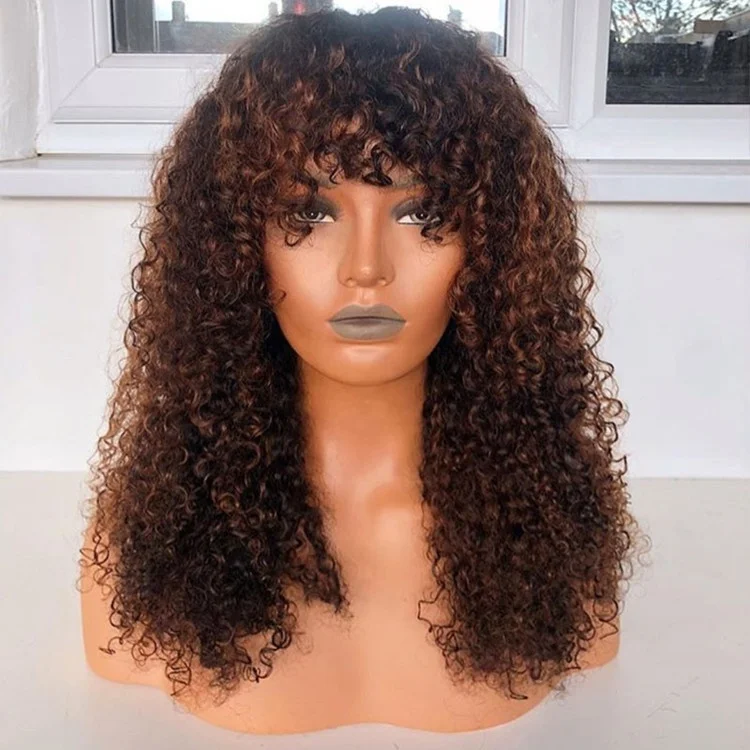 

Top Vendor Cuticle Aligned 1B/30 Brown Kinky Curly Peruvian Human Hair Lace Frontal Wigs With Bang