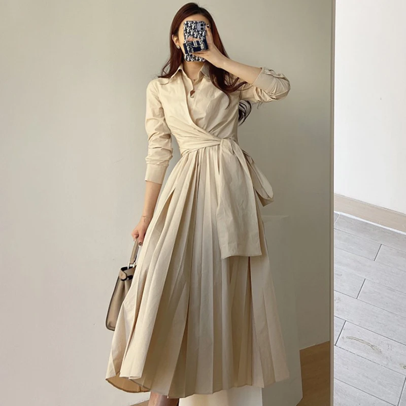 

Wholesale 2021 Early Autumn New Korean Chic French Temperament Lapel Cross Strap Waist Slim Long-sleeved Pleated Women Dress