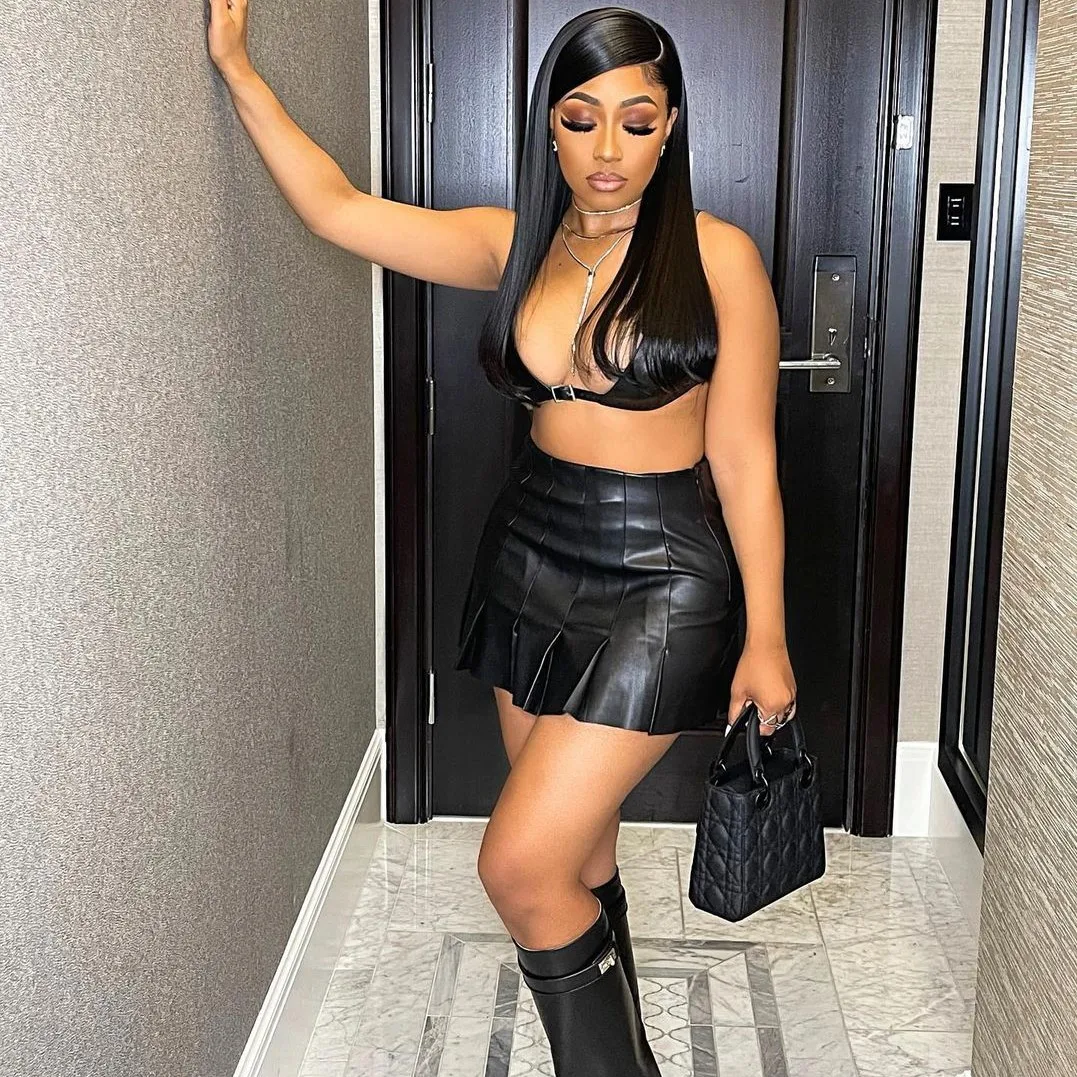 

Womens Bottoms Stylish Fashion Clothes Sexy Mini Skirts For Ladies Summer Woman PU Black Pleated Leather Skirt 2022