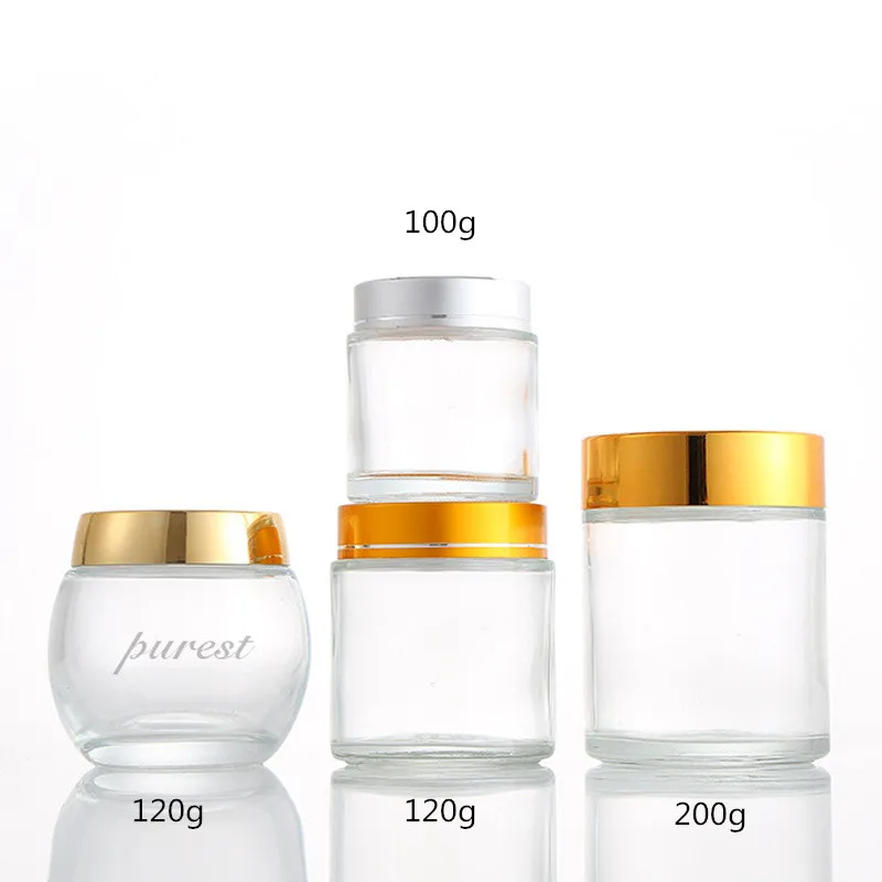 

Beauty Cosmetic Empty 100g 120g 200g Clear Glass Cream Jars with Gold or Silver Lids