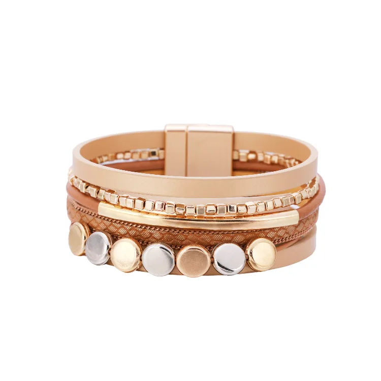 

New Arrival Brown Leather Bracelets for Women Rhinestone Crystal Metal Charm Wide Multilayer Wrap Bracelets Bangle