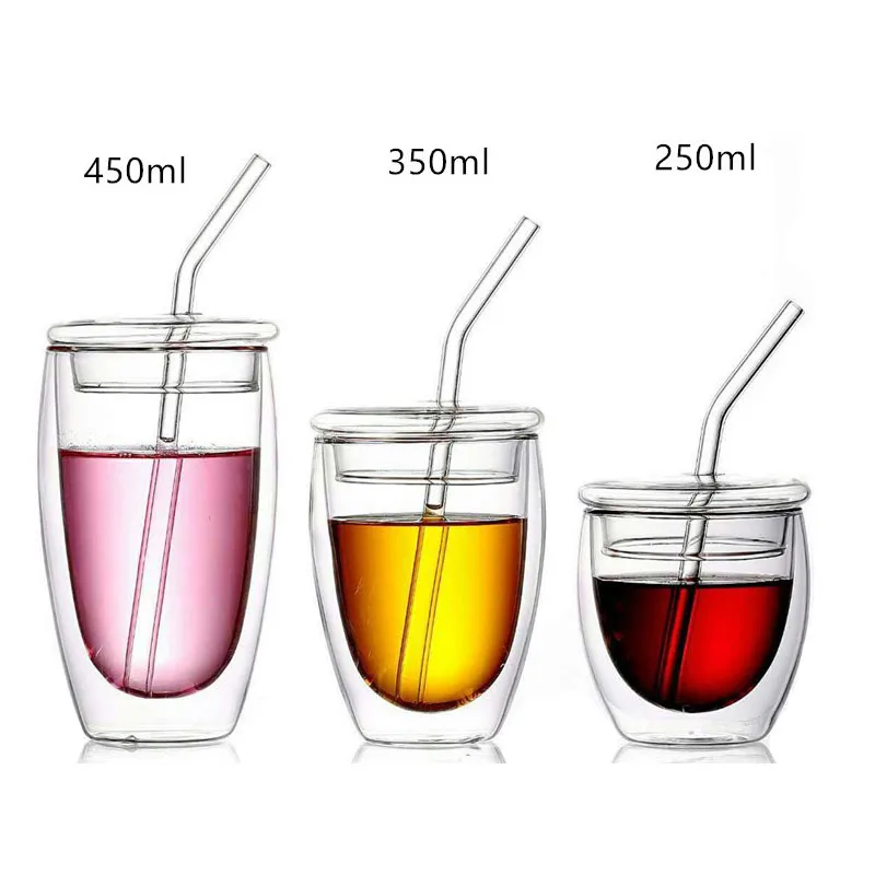 

Glass tea cup insulated double wall with lid straw 250ml/350ml/450ml coffee mug tea drinking water bottles, Picture