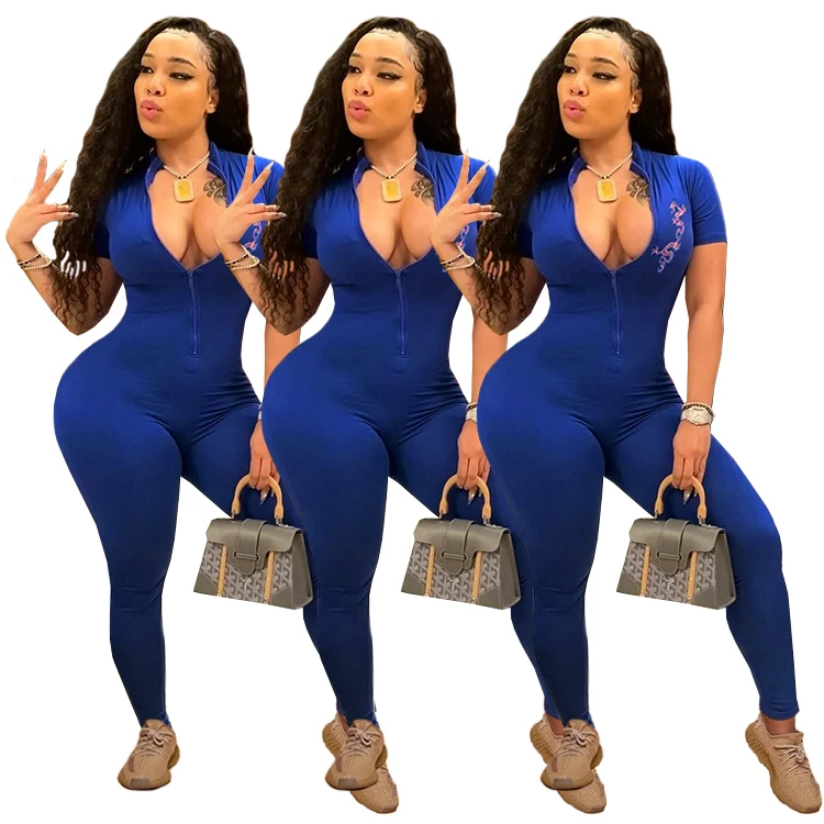 

2021 new arrivals summer casual trending sexy printed colorful plus size one piece romper jumpsuit women clothes clothing, Blue