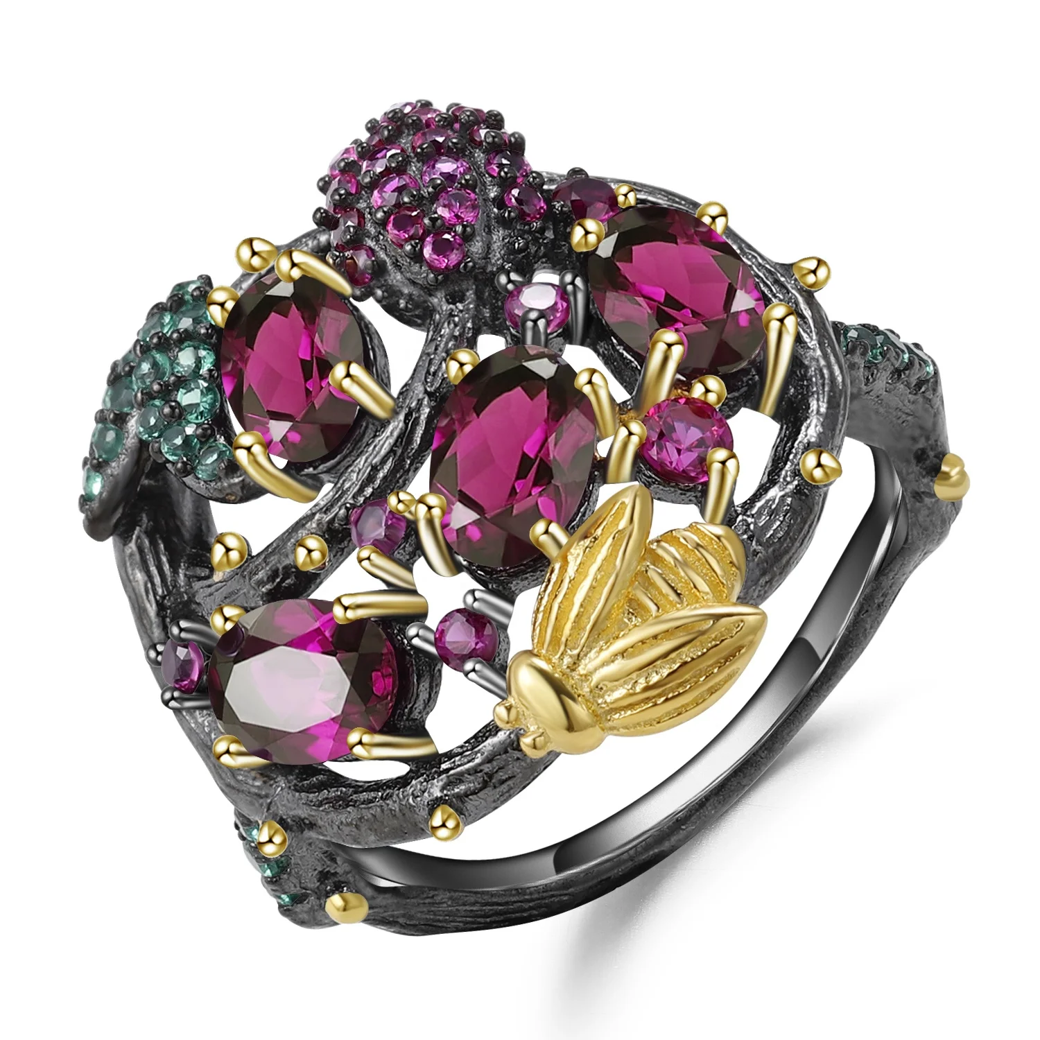 

Abiding Luxury Natural Style Rhodolite Garnet Gemstone Ring 925 Sterling Silver Handmade Branch Gold Bee Rings for Women