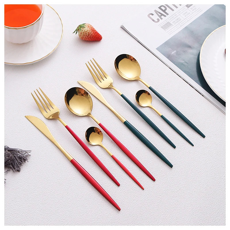 

Customizable besteck Cutlery Set Plated Cutipol Reusable Tableware golden spoons set Luxury Stainless Steel Metal Spoon and Fork, As shown or customized color