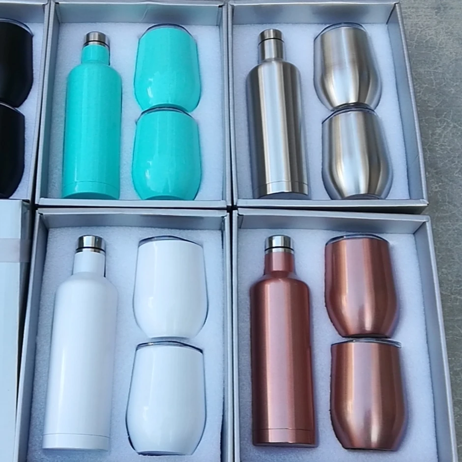 

Stock in USA Warehouse: 500ml Sublimation Blanks Gift Set Stainless Steel Wine Tumbler Bottle Set Wine Bottle with Two Mug Cups, Picture shows