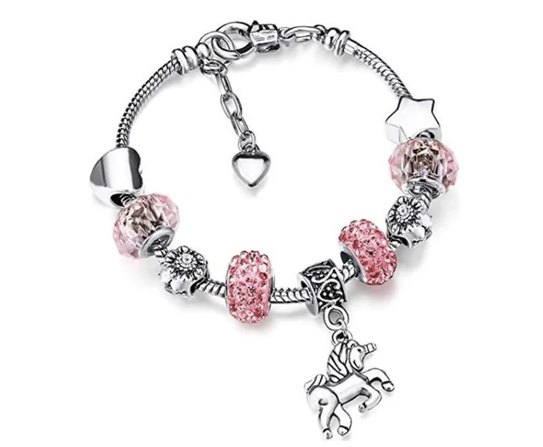 

Cute Pink CZ Zircon Star Heart Unicorn Charm Bracelet Crystal Rhinestone Pave Beads Pentagon Unicorn Bracelet for Girl